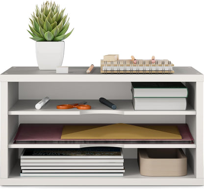 Ballucci File Organizer, 2-Tier Document Paper Sorter, Stackable Wood Desk Organizer Mail Holder, Monitor Stand with Storage Shelves, White