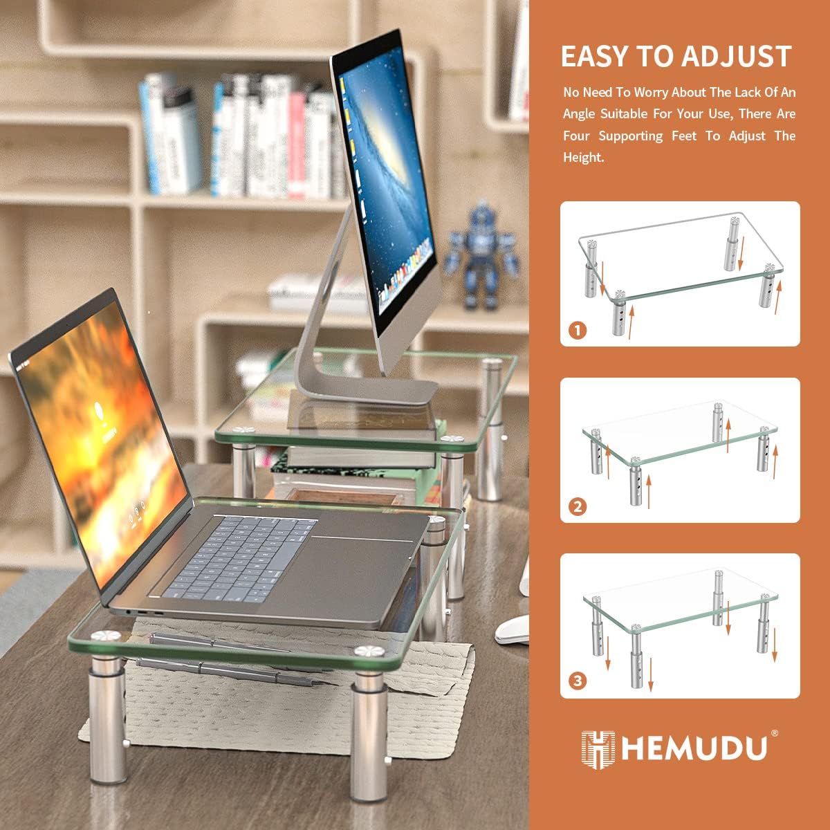 Hemudu Monitor Stand -3 Adjustable Height Monitor Riser, Computer Monitor Stand, Desktop Organizer, Monitor Stand Riser for PC, Computer, Laptop Clear