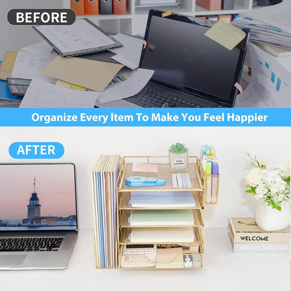 Desk Organizer, 5-Tier Paper Letter Tray Organizer with File Holder, Drawer and Pen Holder, Desktop Organizer for Office Supplies, Black