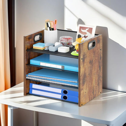 Wood Desk Organizer - 3-Tier Desktop File Organizer with Drawer, Wooden Paper Tray, Office Desk Organzier and Accessories for Papers, Mail, Notebooks, Stationery