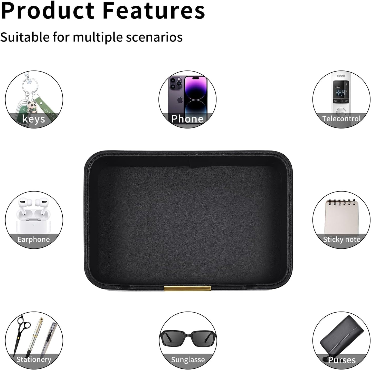Luxury Leather Valet Tray Desktop Storage Organizer,Bedside Vanity Catchall Tray Nightstand Caddy Holder for Cosmetic,Jewelry,Watch,Keys,Phone,Wallet,Remote Controller,Pen,Black