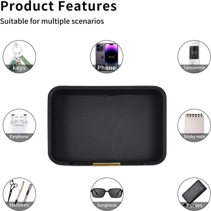 Luxury Leather Valet Tray Desktop Storage Organizer,Bedside Vanity Catchall Tray Nightstand Caddy Holder for Cosmetic,Jewelry,Watch,Keys,Phone,Wallet,Remote Controller,Pen,Black