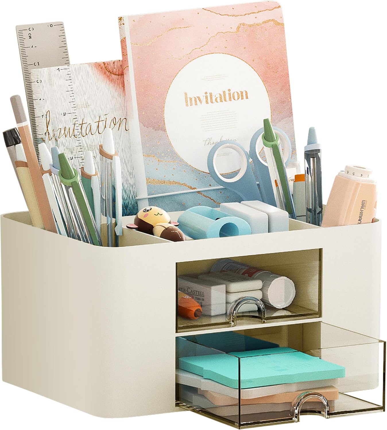 Marbrasse Pen Organizer with 2 Drawer, Multi-Functional Pencil Holder for Desk, Desk Organizers and Accessories with 5 Compartments + Drawer for Office Art Supplies (White)