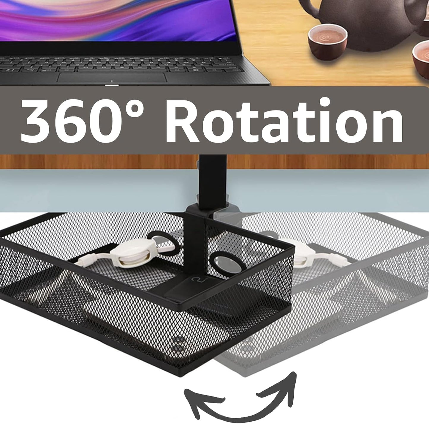 WOPPLXY Mesh Organizer and Swivel Pencil Drawer, Rotary Under Desk Drawer, Extra Sturdy C-Clamp Mount System and Easy to Install, 360 Rotatable Under Desk Storage Drawers (Black)