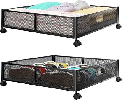 PHINOX Under Bed Storage Containers with Wheels, Under Bed Shoe Storage Organizer Drawer, Tool-free Assembly Metal Storage Containers for Bedroom Clothes Shoes Blankets -2PCK