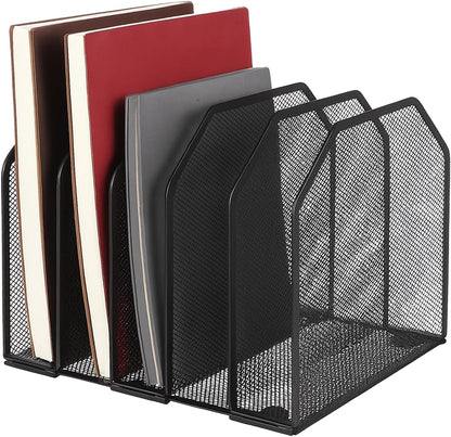 Desk File Organizer Vertical 5 Sections Metal Adjustable Magazine Holder Upright Desktop Bookshelf Organizer Stand File Sorter Office Desk Accessories Black