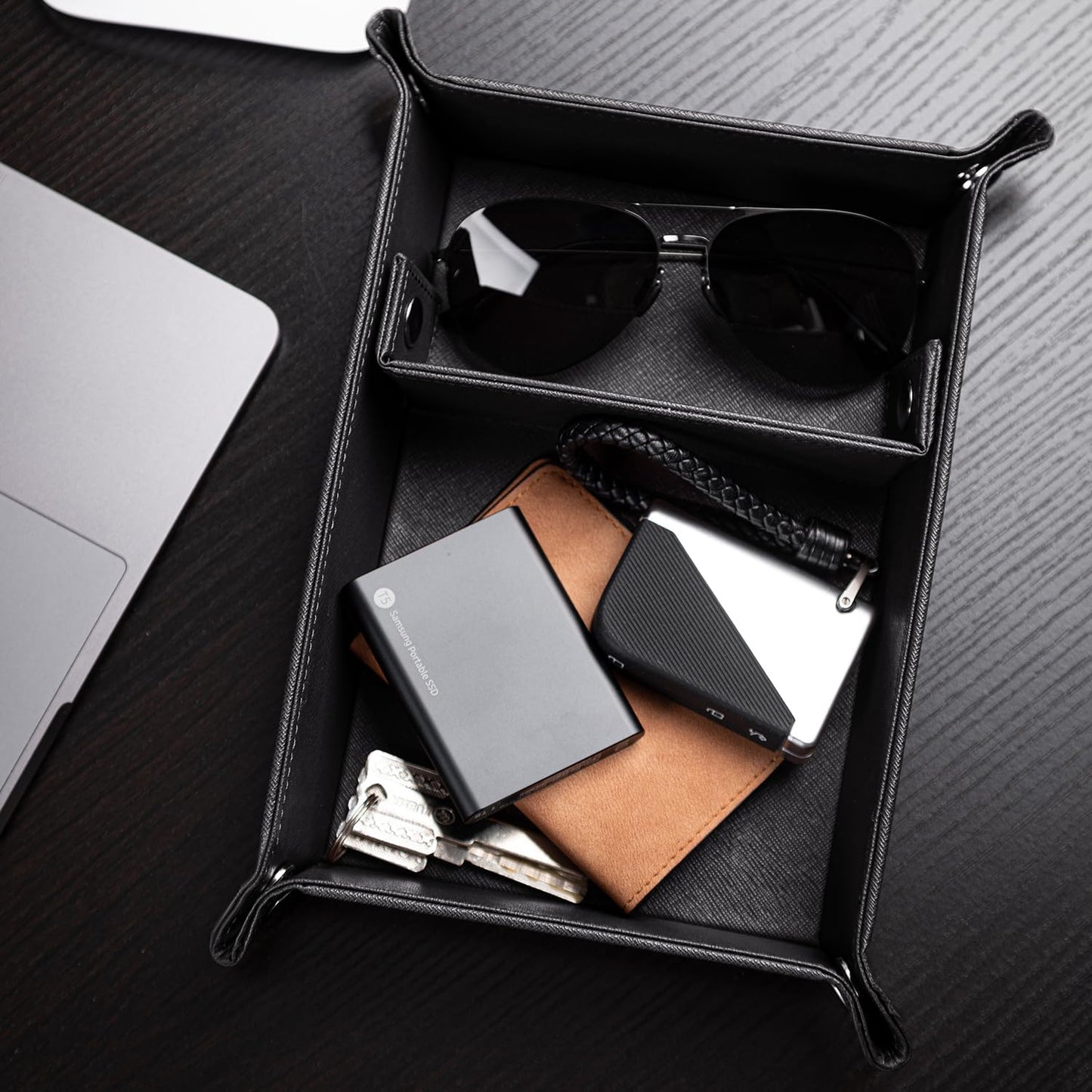 BONNY DODO Valet Tray for Men PU Leather Tray Organizer with Partition, Storage Keys, Watch & Practical Storage for Table Nightstand Living Room Bedroom (Dark Brown-Square)