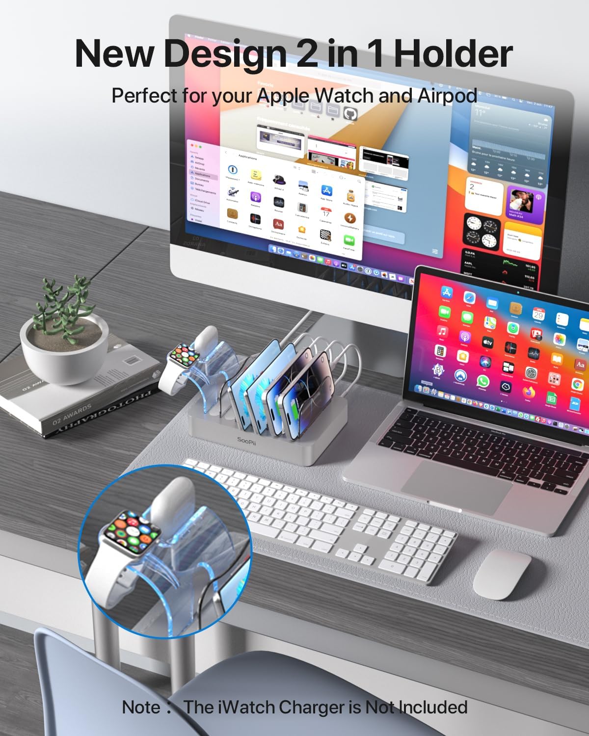 SooPii Premium 6-Port USB Charging Station Organizer for Multiple Devices, 6 Short Charging Cables and One Upgraded i-Watch Charger Holder Included, for Phones, Tablets, and Other Electronics, White