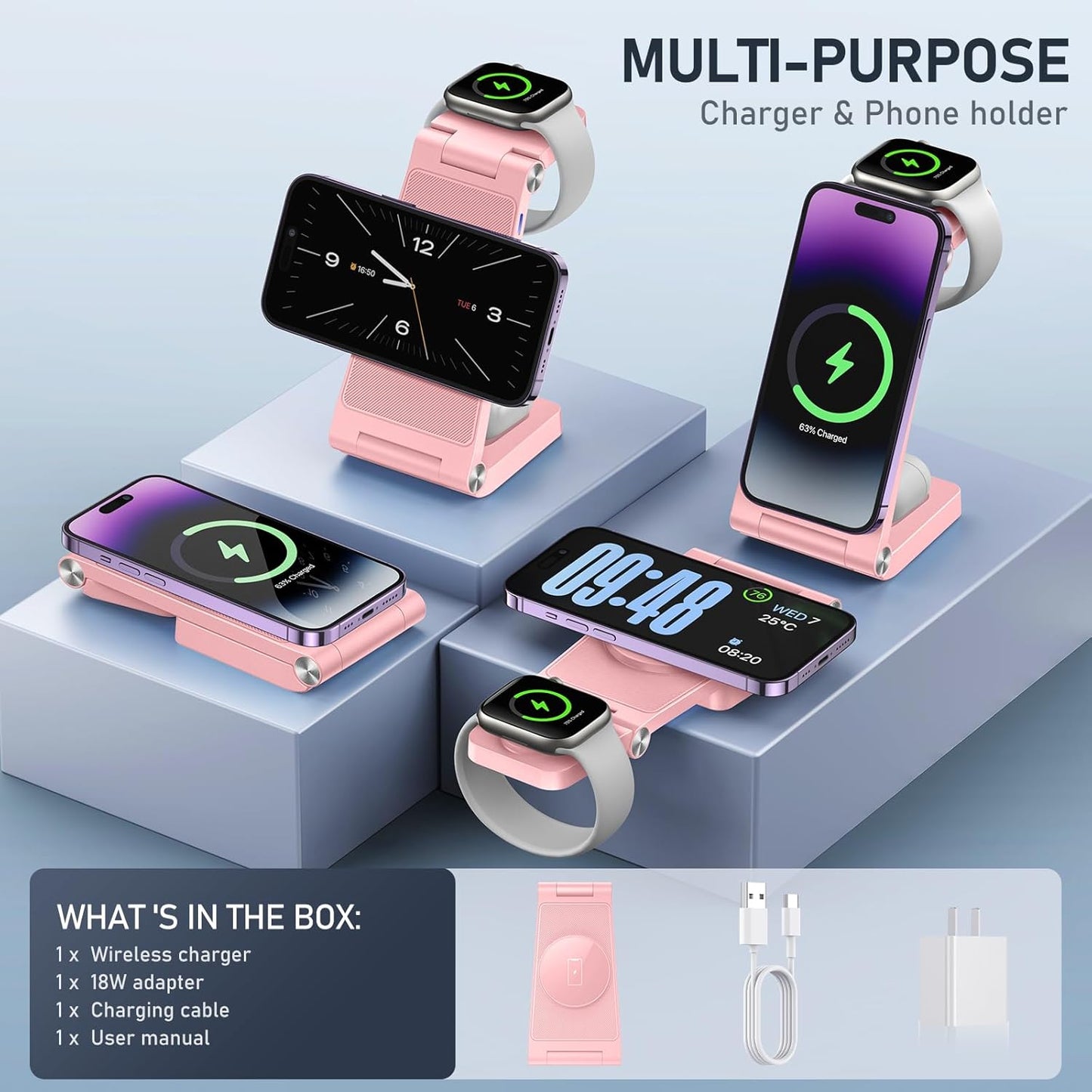 Magnetic Wireless Charger Stand, 3 in 1 Foldable Wireless Charging Station with 20W Adapter, Travel Charger for Multiple Devices for iPhone 17 16 15 14 13 12 Pro/Max/Plus/Mini, iWatch, AirPods