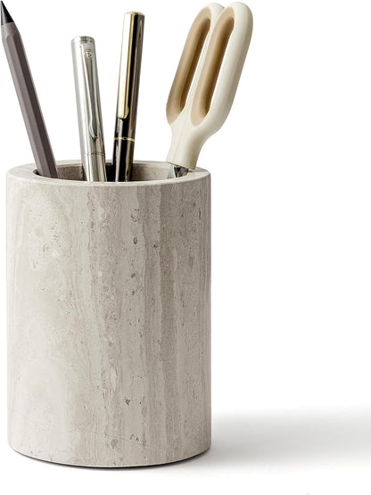 WORHE Pen Holder Stand Italy Natural Premium True Marble Makeup Brush Holders, Tableware Organizer Desk Pencil Cup for Home Office School Decor Dark Grey (DL012)