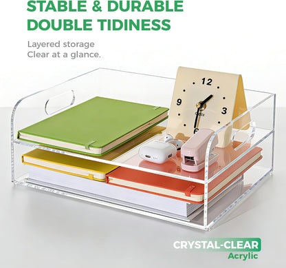 2-Tier Clear Acrylic Paper Trays, Desk File Organizer, A4 Paper Holder, Low-Profile Desk File Sorter for Office/Home, Clear Stackable Letter Tray for Bills, Crafts, Notebooks - Horizontal