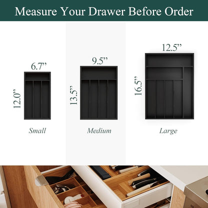 Small Silverware Organizer, Bamboo Kitchen Drawer Organizer, Utensil Holder, Cutlery Tray & Spoon Flatware Storage with Grooved Drawer Dividers (6.7''W x 12''D)