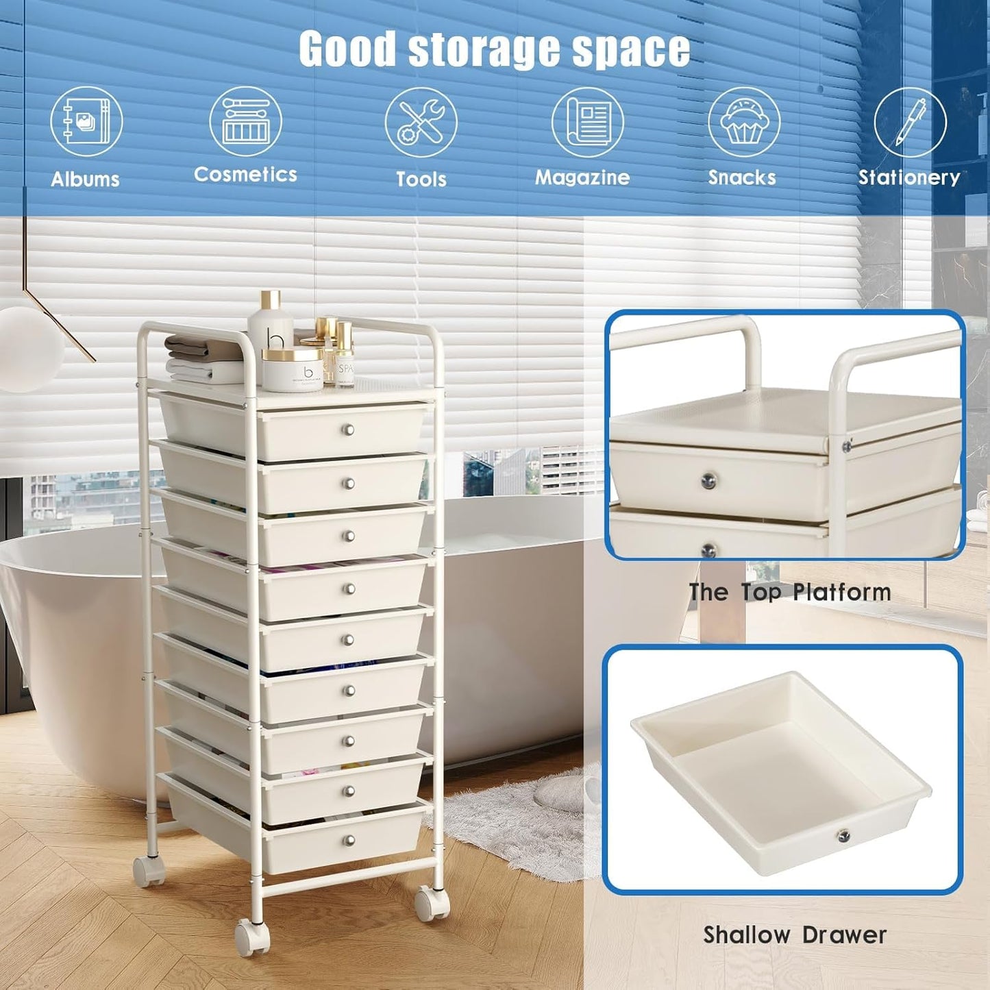 4-Tier Utility Cart with 4 Drawers, Rolling Utility Cart with 2 Lockable Caster Wheels, Multipurpose Mobile Rolling Drawer Cart for Office Bathroom Kitchen, Ivory White