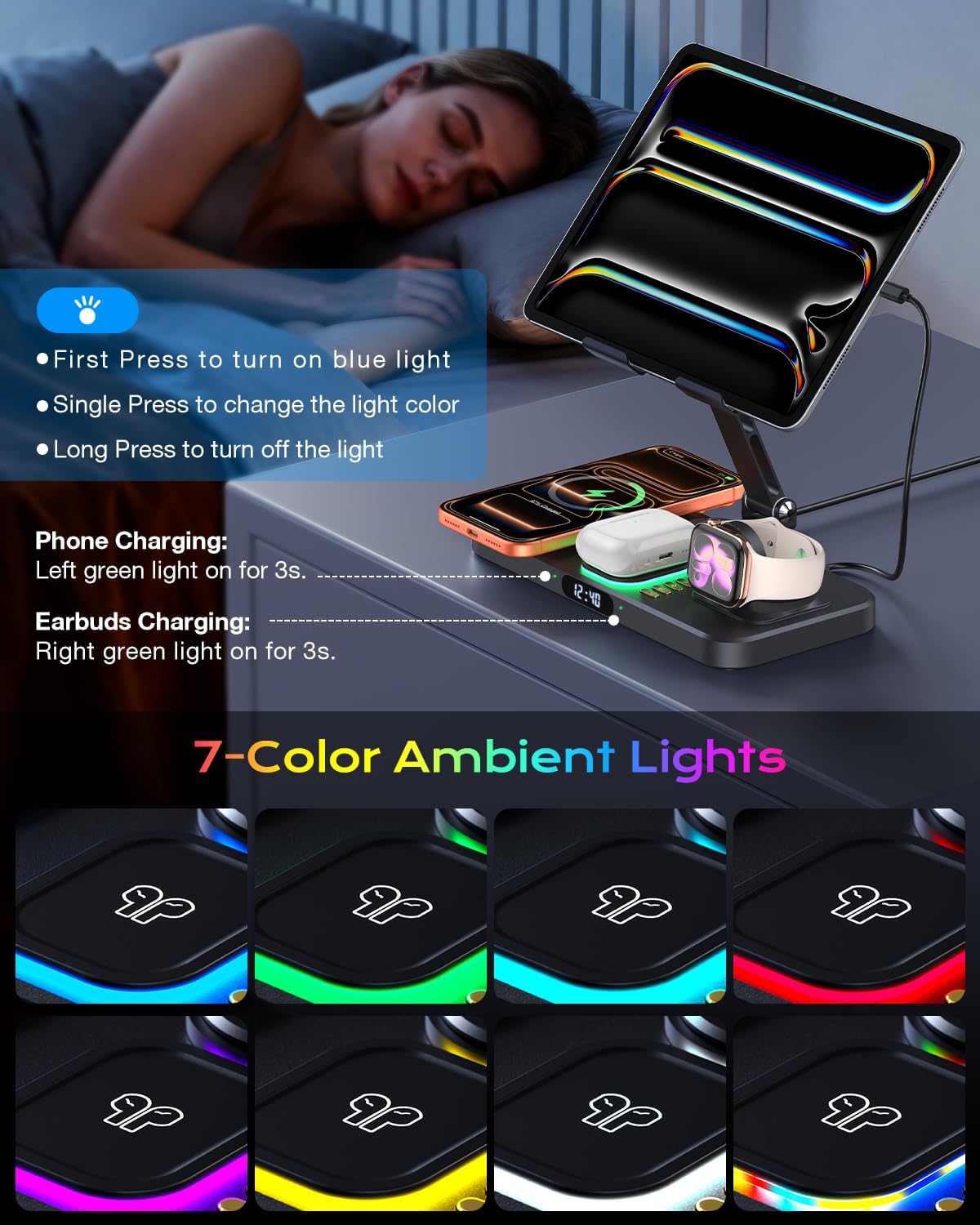 Magnetic Wireless Charging Station with 45W Adapter for Apple Devices, 20W Fast Foldable Wired Charging Stand for iPad with Clock & Night Light, Fast Mag-Safe Charger for iPhone 17, iWatch & AirPods