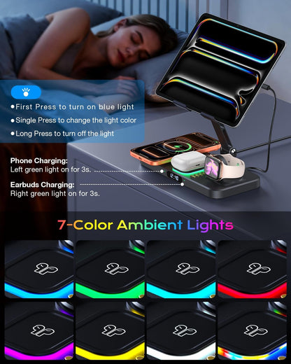 Magnetic Wireless Charging Station with 45W Adapter for Apple Devices, 20W Fast Foldable Wired Charging Stand for iPad with Clock & Night Light, Fast Mag-Safe Charger for iPhone 17, iWatch & AirPods