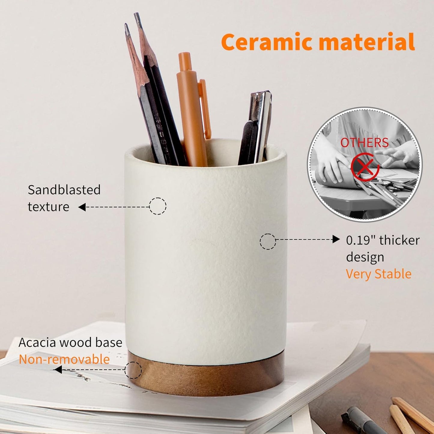 Pen Holder for Desk, Ceramic Pencil Organizer & Makeup Brush Holder, Office Decor and Desk Accessories，Perfect Office Organization,Teacher Supplies (White, Set / 1)