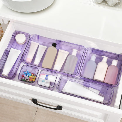 14 Pcs Adjustable Clear Drawer Organizer, Extendable Vanity Storage Bins, Desk Drawer Organizer Set for Makeup, Cosmetics, Bedroom, and Gadgets, Purple