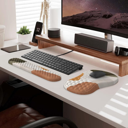 HAOCOO Keyboard Wrist Rest, Ergonomic Mouse Pad with Wrist Rest, 3 in 1 Keyboard and Mouse pad with Coaster Set, Memory Foam Wrist Support, Non-Slip PU Base for Home Office, Rose Gold Pink