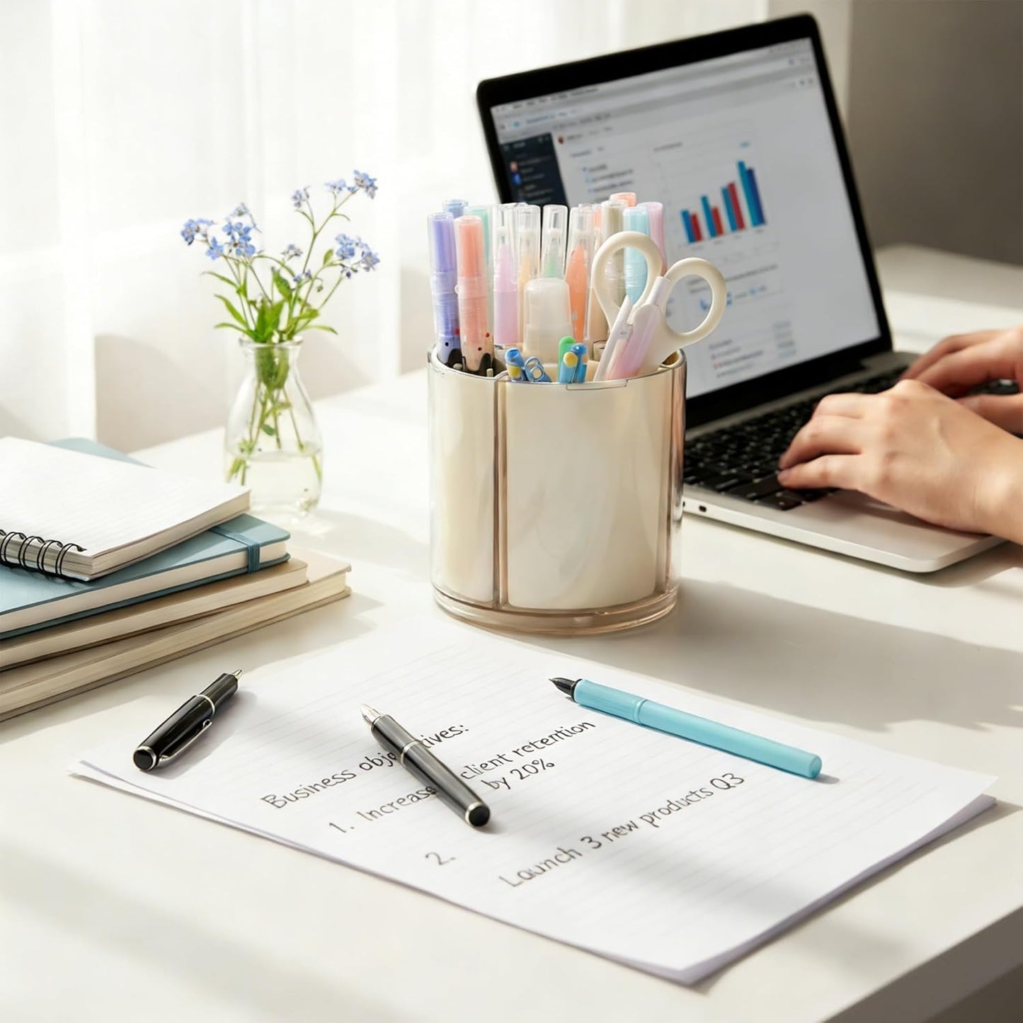 Comix 360° Rotating Pen Holder for Desk, Cute Pencil Holder Pen Organizer, Beige Acrylic Pencil Cup Caddy with 5 Slots for Home School Office Supplies