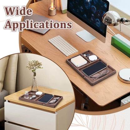 4 Piece Wooden Desk Organizer Tray With Pen Holder, Walnut Wood Pencil Holder, Minimalist Desk Accessories, Mens Valet Tray Office Supplies, Stationery Pen Key Wallet Catchall Trays