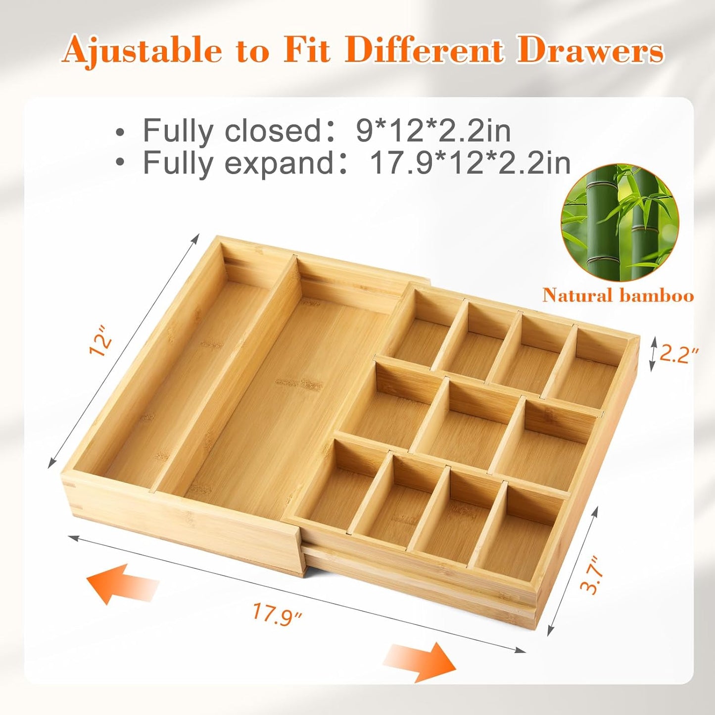Bamboo Sliding Desk Drawer Organizer 8.2'' up to 16.4'' x 14.4'' x 2.2'' Expandable Office Desk Accessories Supplies Tray with 7 Compartments for Pens, Notebooks, Rulers, and Makeup Jewelry Vanity