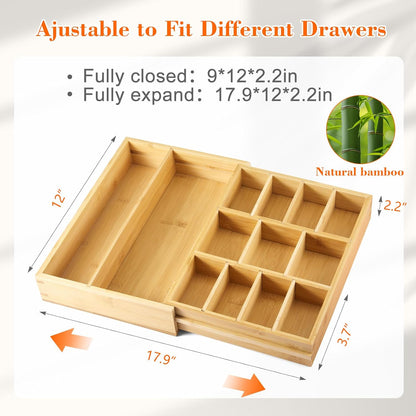 Bamboo Sliding Desk Drawer Organizer 8.2'' up to 16.4'' x 14.4'' x 2.2'' Expandable Office Desk Accessories Supplies Tray with 7 Compartments for Pens, Notebooks, Rulers, and Makeup Jewelry Vanity