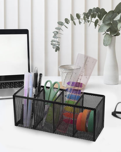 QYH Mesh Pencil Holder Metal Pen Cup Black for Desk 6 Packs, Office Caddy Storage