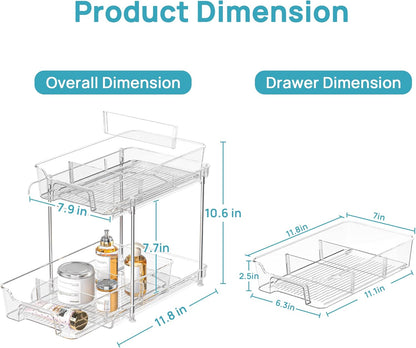 Vtopmart 4 Pack Bathroom Organizer, 2 Tier Clear Under Sink Organizers Vanity Countertop Storage Container,Cabinet Drawers Bins, Pull-Out Organization with Track for Pantry, Kitchen