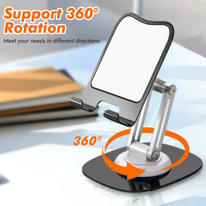 Metal Phone Stand for Desk, Adjustable Foldable Desktop Phone Holder, 360 Degree Rotating Cell Phone Stand for Recording Compatible with iPhone 17 16 15 14 13 12 11 Pro, Black