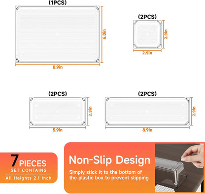 7 Pack Clear Plastic Drawer Organizer Set,4 Sizes Bathroom Drawer Organizers and Storage Bins,Vanity Drawer Organizer for Makeup,Cosmetics,Jewelry,Utensils,Gadgets,Office In Drawer Organizers Trays