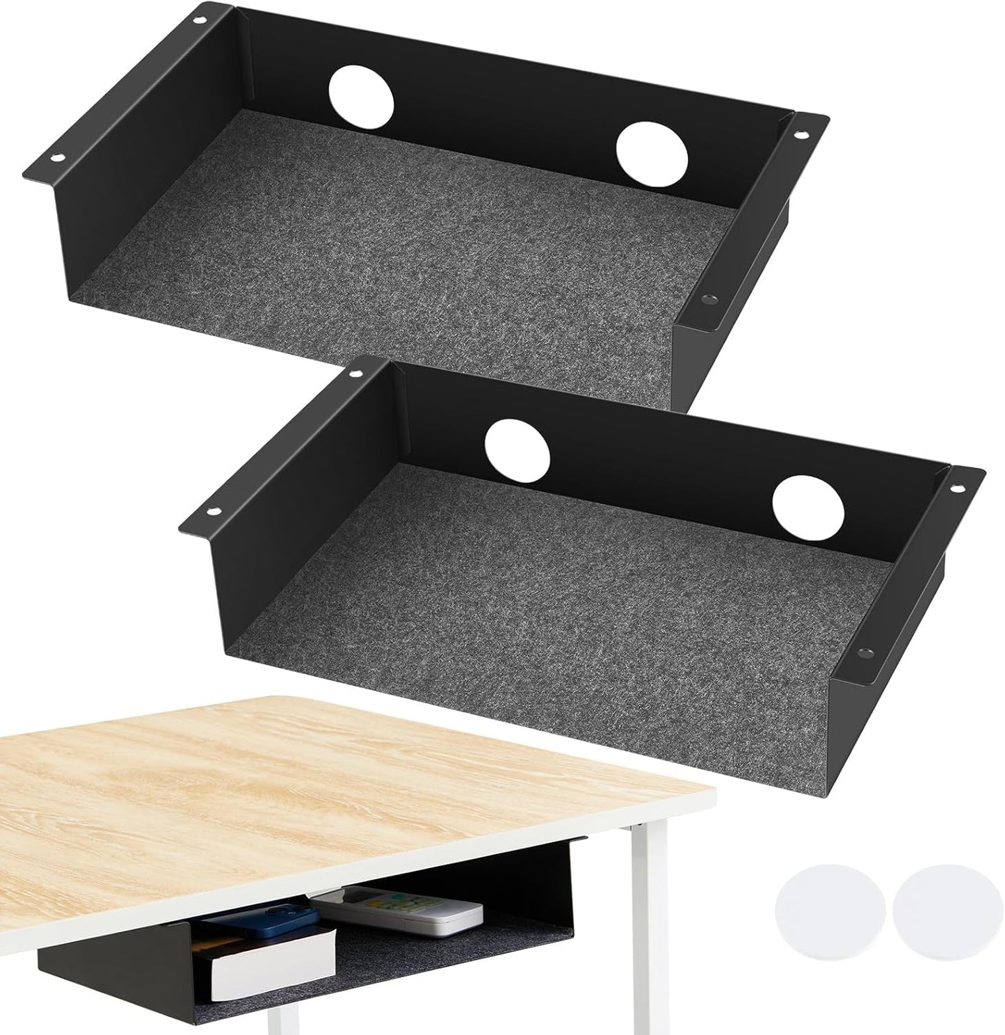 Yaocom 2 Pack Under Desk Hanging Shelf, Carbon Steel Storage Tray with Mute Felt Sheets, Mount Shelves Organizer for Office Home Workstation Gaming Desk Stand up(13x8x2.8 in/Storage Shelf,Black)