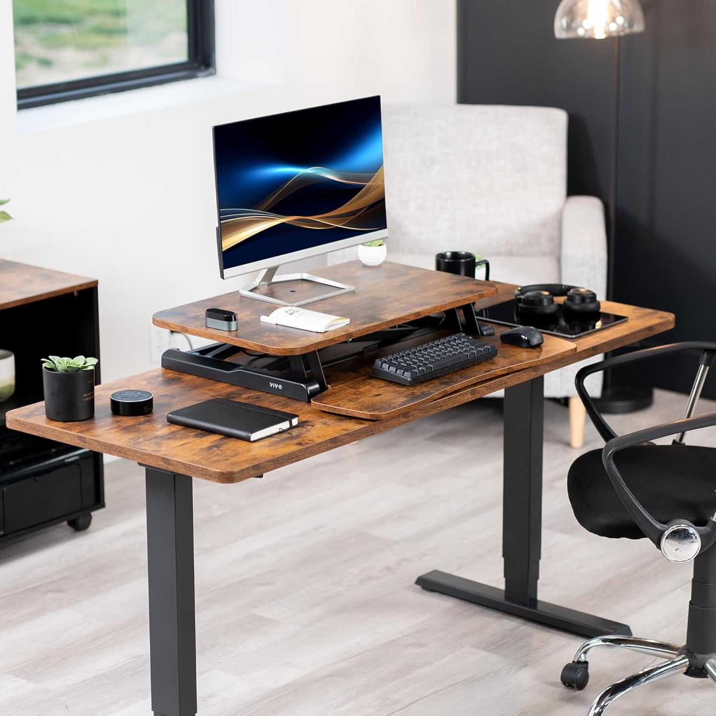 VIVO 26 inch Desk Converter, K Series, Height Adjustable Sit to Stand Riser, Dual Monitor and Laptop Workstation with Keyboard Tray, Black, DESK-V026KB
