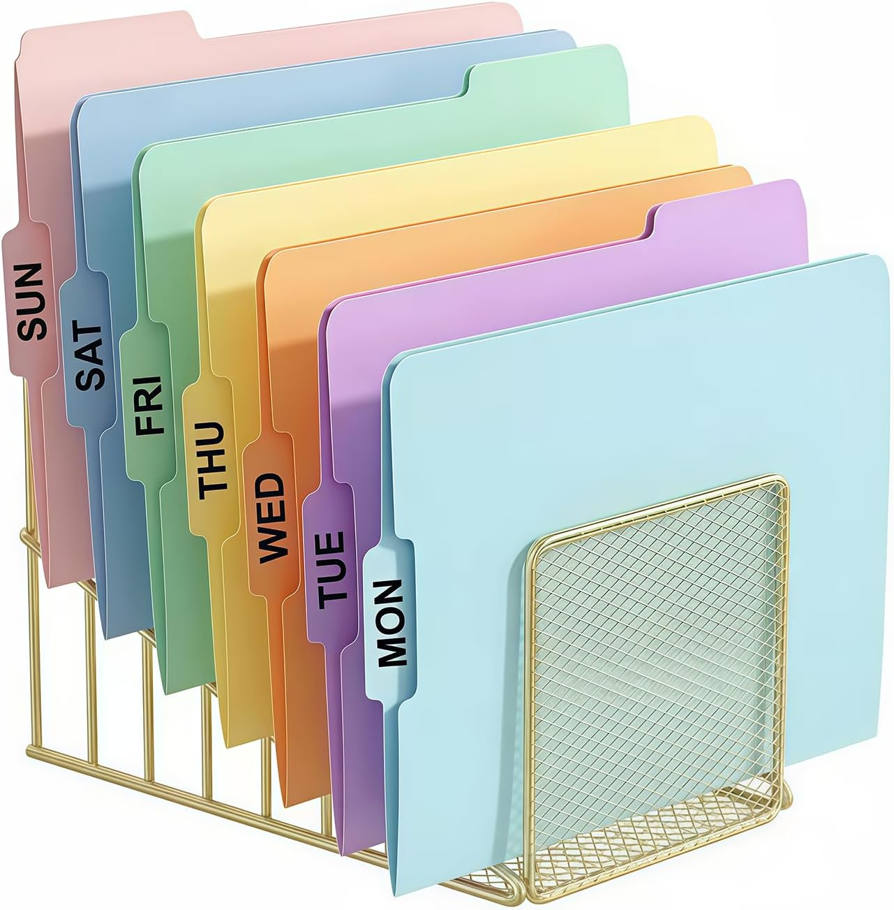 Simmer Stone Rose Gold Desk Organizer 7 Slot Inclined Vertical File Folder Holder Sorter with Mesh Front – Metal Wire Rack for Mail, Slim Binders, Books Office Organization & Desktop Accessories
