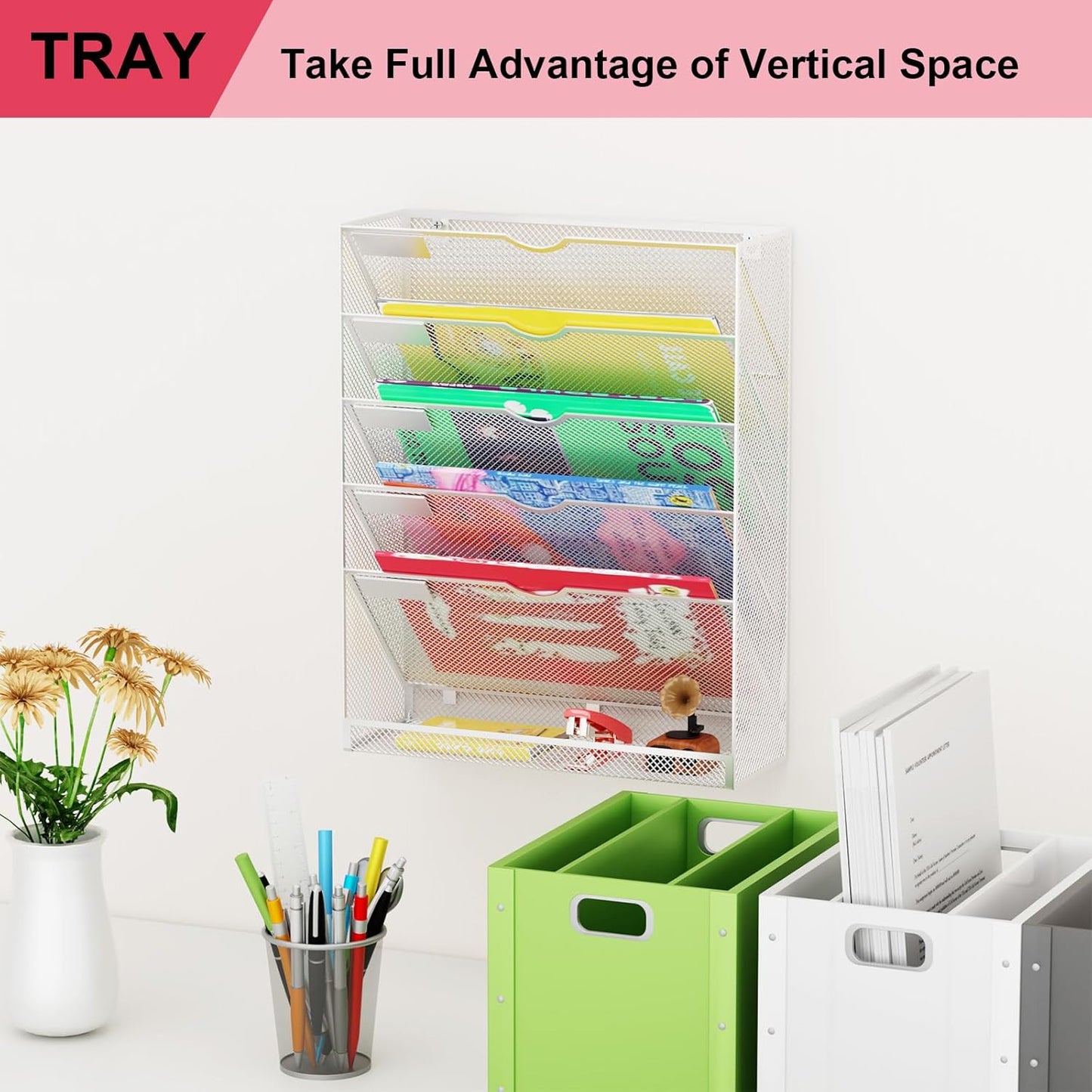 Wall File Organizer Holder Mesh Hanging Paper Document Holder,Vertical 6 Pocket Tier for Office Home, Black