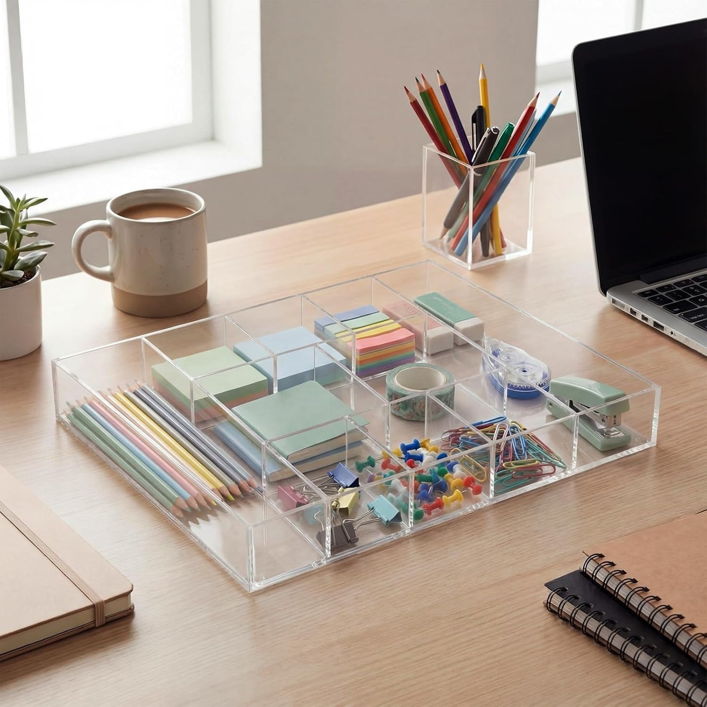 Large Acrylic Desk Deep Drawer Organizer with Adjustable Dividers, Anti-skip Clear Desk Top Junk Drawer Storage Tray for Pens, Desktop, Office, Bathroom, Kitchen, Makeup Supplies(7 Compartments)