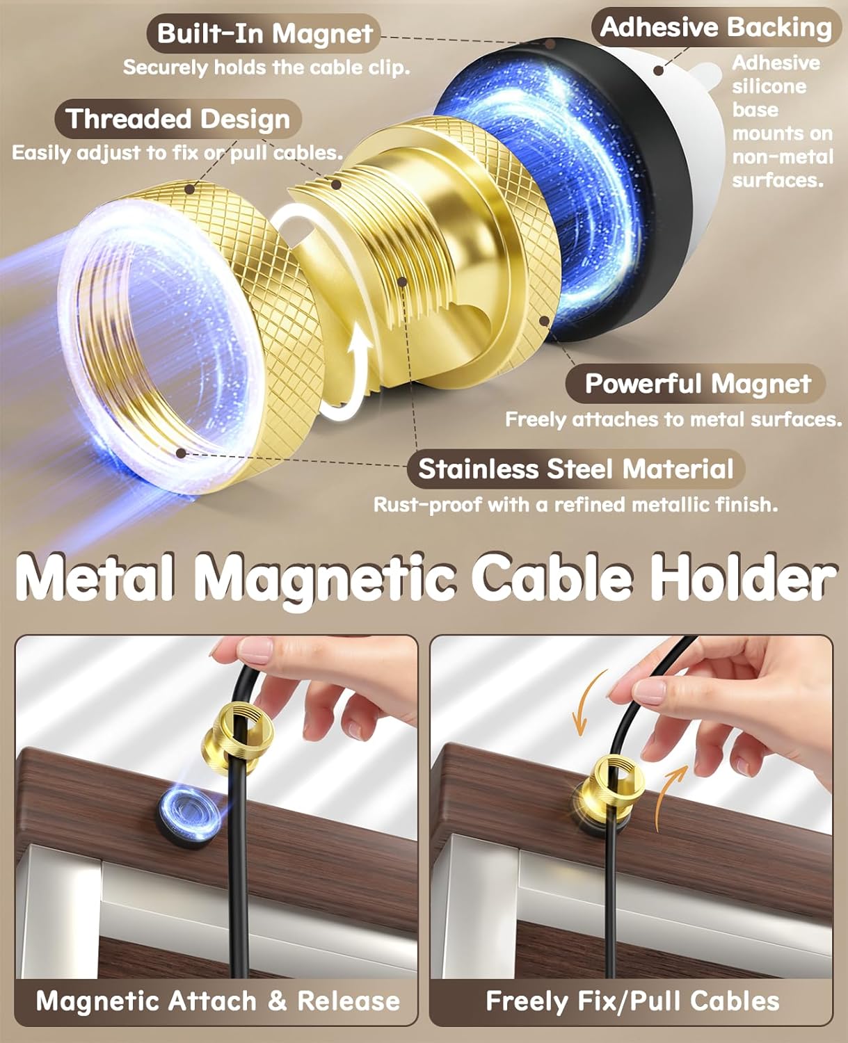 Maveek Metal Magnetic Cord Holder, Magnet Cable Clips Stainless Steel Adjustable Cord Organizers for Desk Nightstand Car Office Charging Wires USB C Laptop Earphone Audio Cords (4 Pack)