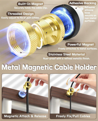 Maveek Metal Magnetic Cord Holder, Magnet Cable Clips Stainless Steel Adjustable Cord Organizers for Desk Nightstand Car Office Charging Wires USB C Laptop Earphone Audio Cords (4 Pack)