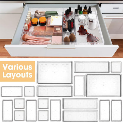 Teenyyou 18 Pcs Drawer Organizer Stackable 4 Size Makeup Drawer Organizer Trays Acrylic Bathroom Vanity Storage Bins for Cosmetic, Jewelries, Office Supply, Kitchen Utensils(Clear,Stripes)