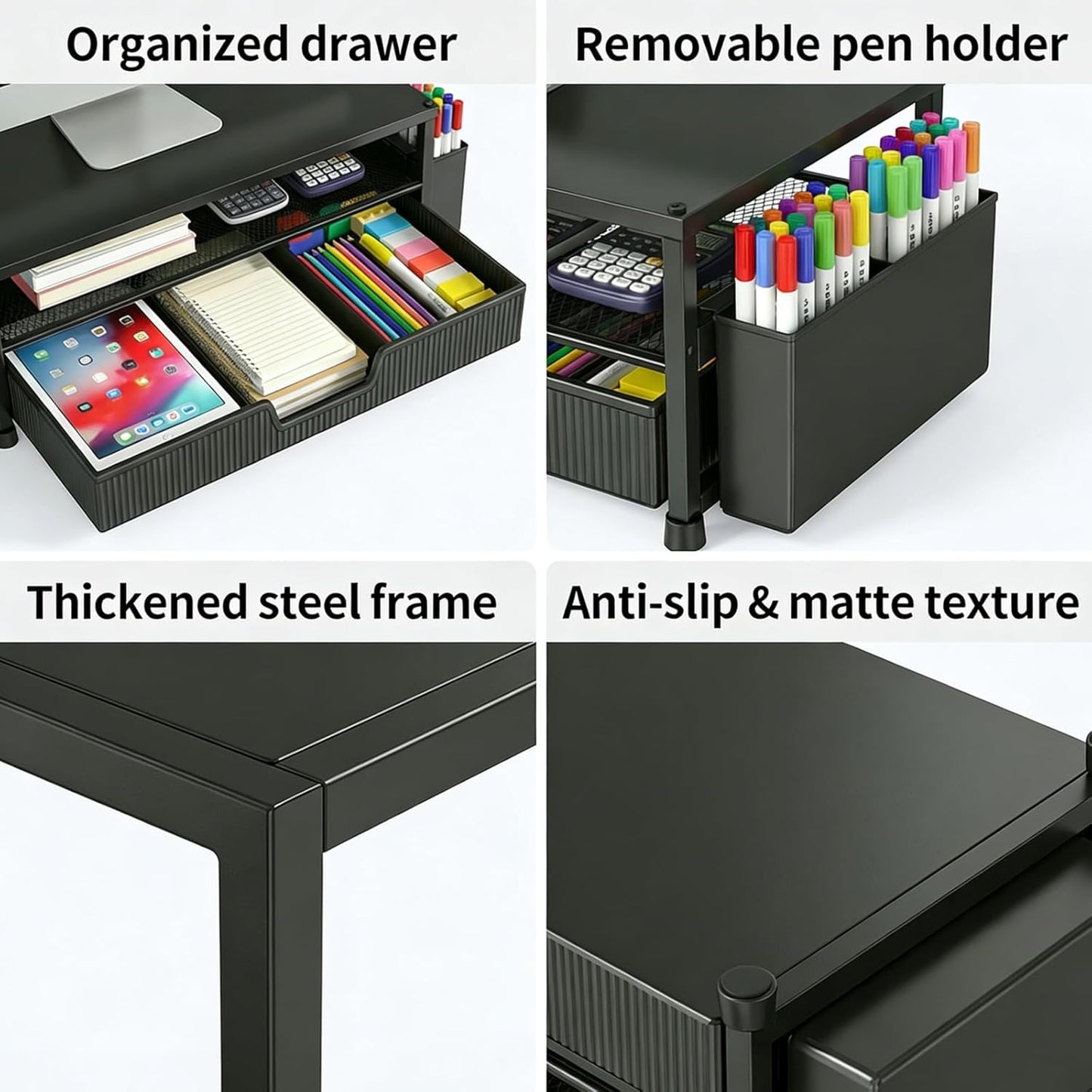 ECOLOVI Desk Organizer and Accessories, 2-Tier Computer Monitor Stand Rise with Storage Drawer & 2 Pen Holders, Laptop & Printer Stand for Desktop, Workspace Organizers for Office Supplies (Blue)