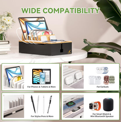 Pezin & Hulin Bamboo Charging Station for Multiple Devices, USB Charger Dock Organizer, with Power Supply (10 Ports HUB), 6 Cables, Cable Management Organizer for Cell Phones, Tablets -Natural+White