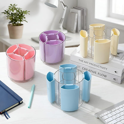 Comix 360° Rotating Pen Holder for Desk, Cute Pencil Holder Pen Organizer, Beige Acrylic Pencil Cup Caddy with 5 Slots for Home School Office Supplies