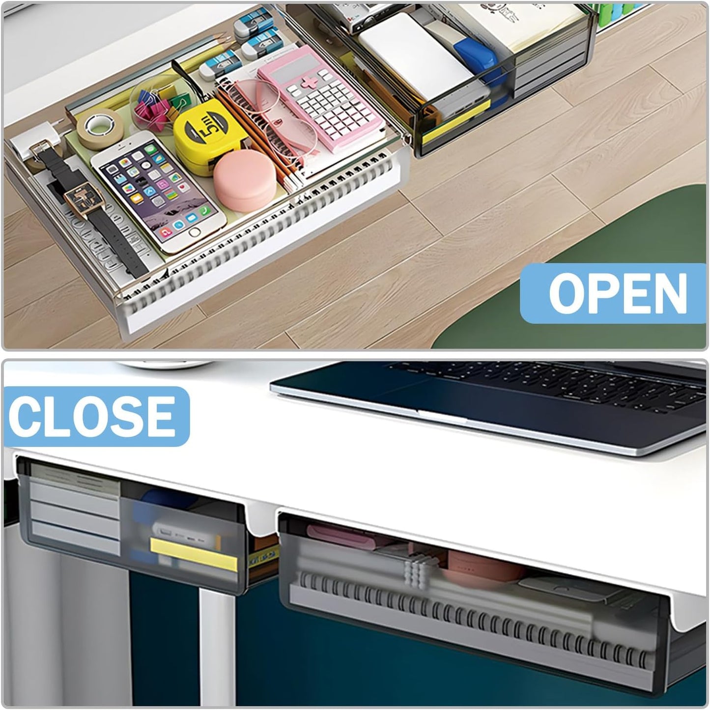 SVNNELP Large Under Desk Table Drawer Storage Organizer A4, Hidden Self-Adhesive Under Desk Pencil Tray Drawer for Office (Clear Black/L)
