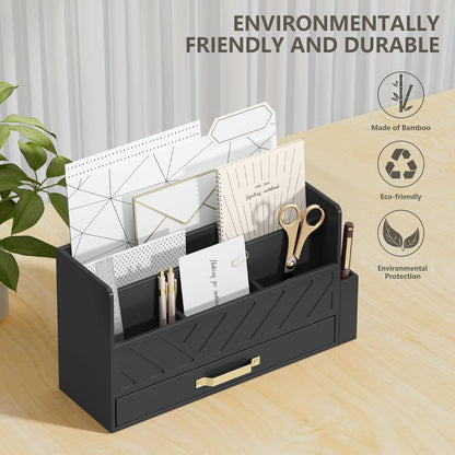 WISUCART Bamboo Desk Organizer Mail Holder Countertop Wood Desk Drawer Tabletop Storage Box Pen Holder Letter Sorter Makeup Organizer for School Home Office Supplies with Pen Holder White