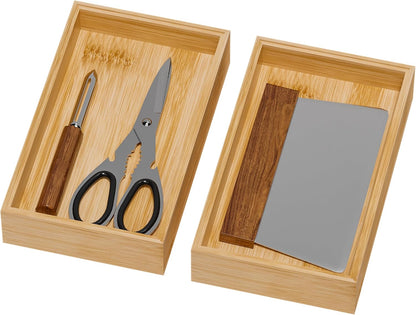 Lixple Bamboo Drawer Organizer, Cutlery Silverware Organizer for Kitchen Drawer, Stackable Utensil Organizer, 2 Pcs Flatware Organizer for Drawer, Wooden Storage Box Tray (Bamboo, 9 X 6 X 2 Inch)