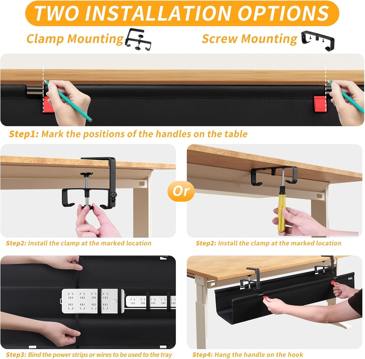 Under Desk Cable Management Tray with Clamp, No Drill 36" Cord Organizer for Desk, Desk Cable Management Fabric Tray for Standing Desks, Ideal for Home & Office - White