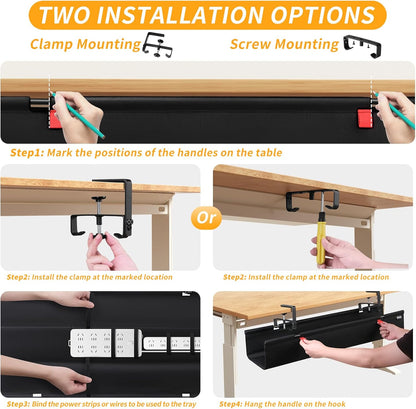 Under Desk Cable Management Tray with Clamp, No Drill 36" Cord Organizer for Desk, Desk Cable Management Fabric Tray for Standing Desks, Ideal for Home & Office - White
