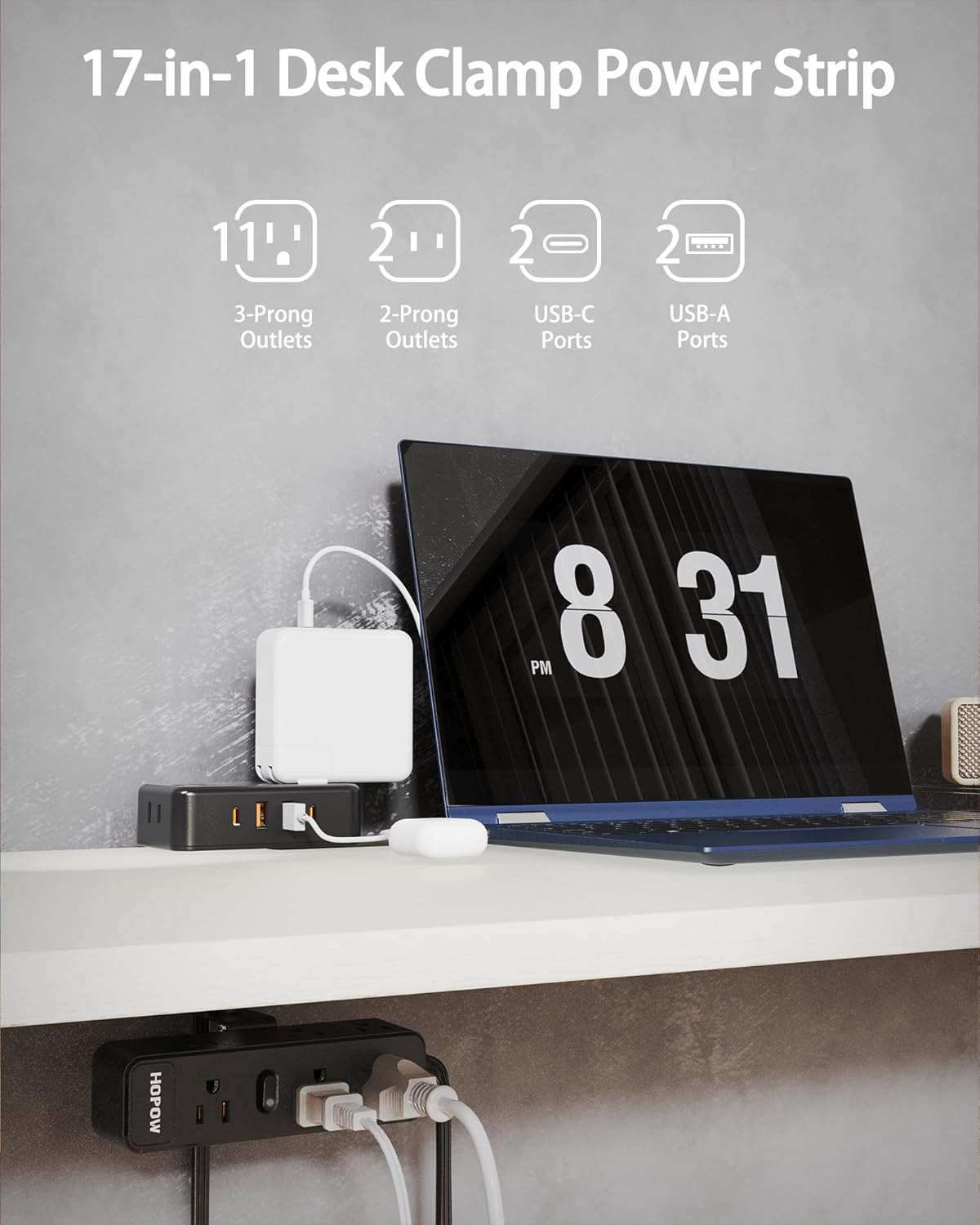 HOPOW Dual Layer Desk Clamp Power Strip, Desktop Edge Mount Charging Station with 13 Outlets 4 USB Ports (2 USB C), Under Desk Surge Protector(1700 Joules), 10 Ft Extension Cord for Office Home