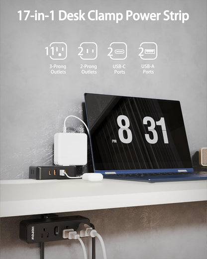 HOPOW Dual Layer Desk Clamp Power Strip, Desktop Edge Mount Charging Station with 13 Outlets 4 USB Ports (2 USB C), Under Desk Surge Protector(1700 Joules), 10 Ft Extension Cord for Office Home
