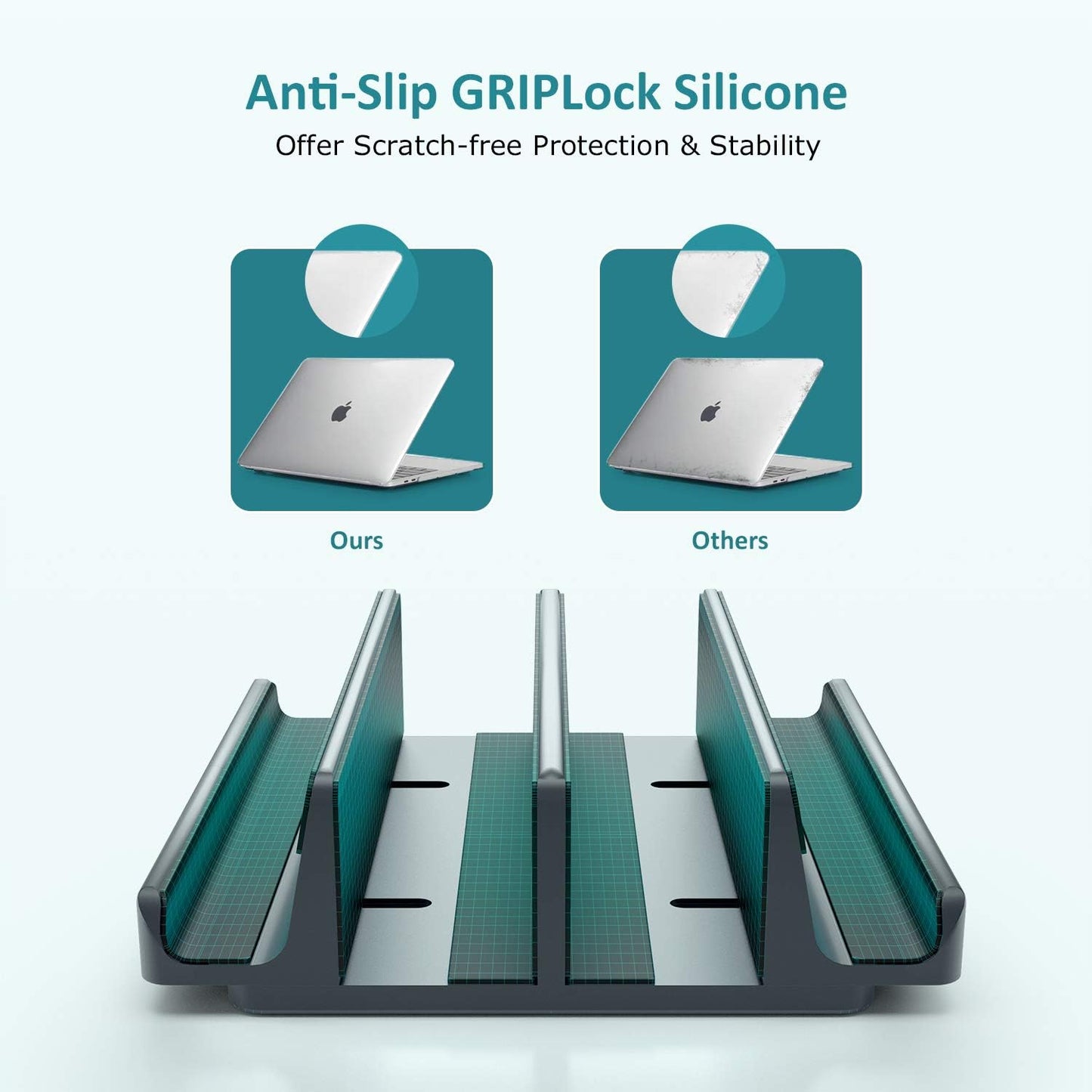 Vertical Laptop Stand - SPACEMax Adjustable GRIPLock Anti-Tip Silicone 4 Slots Aluminum Desktop Holder - Double Dock Stand - 2 Phone Slots Fits Up to 17.3” Laptops, Tablets, Phones - Black