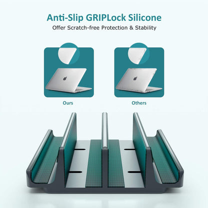 Vertical Laptop Stand - SPACEMax Adjustable GRIPLock Anti-Tip Silicone 4 Slots Aluminum Desktop Holder - Double Dock Stand - 2 Phone Slots Fits Up to 17.3” Laptops, Tablets, Phones - Black